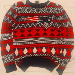 NFL Patriots Crewneck Sweater Red and Blue with Geometric Patterns